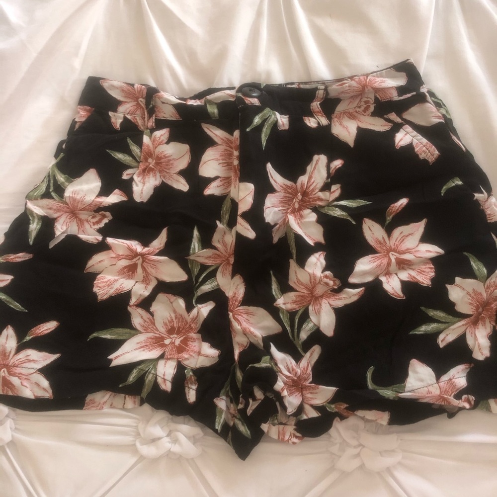 Black and pink floral satin shorts